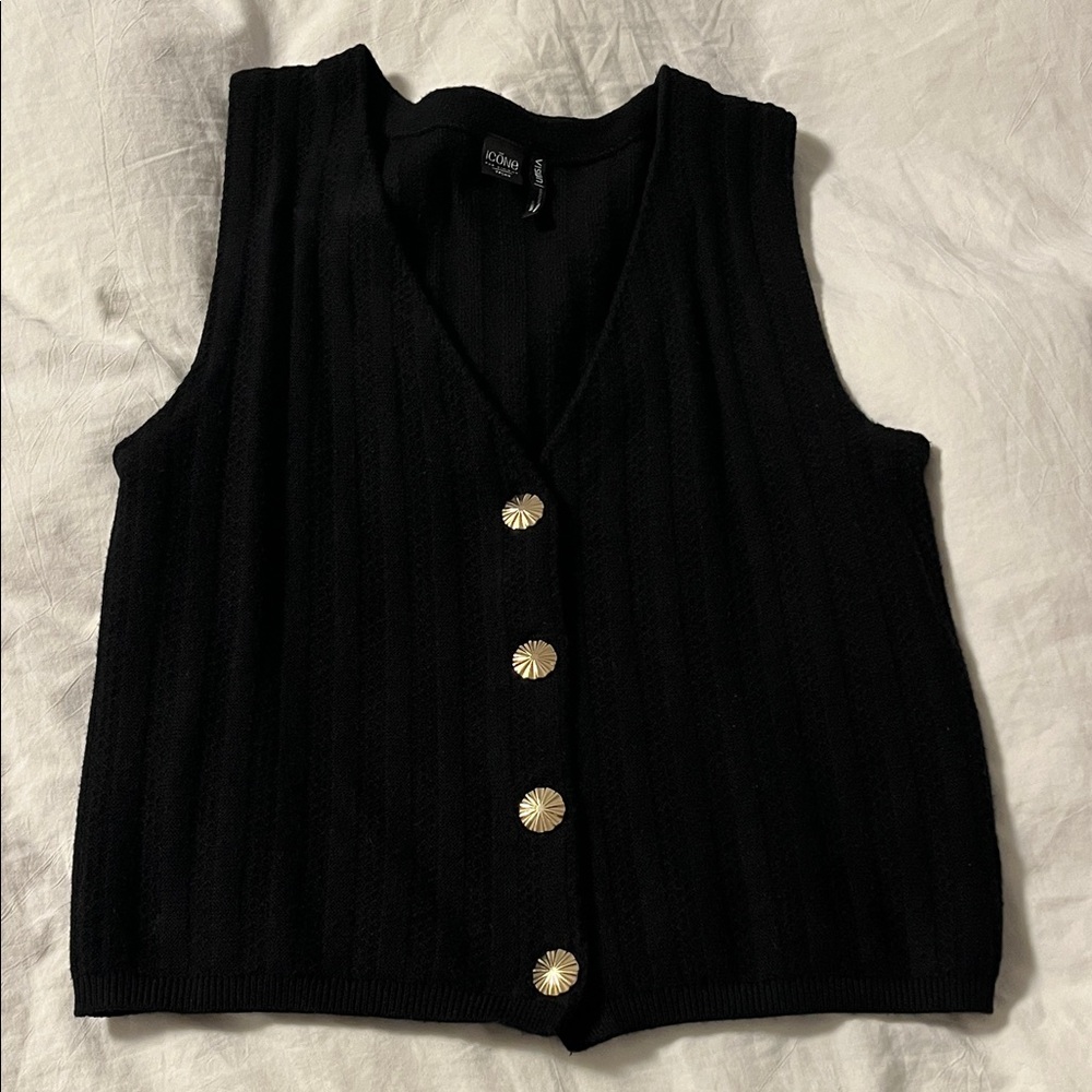 Black Sleeveless Knit Top with Gold Buttons